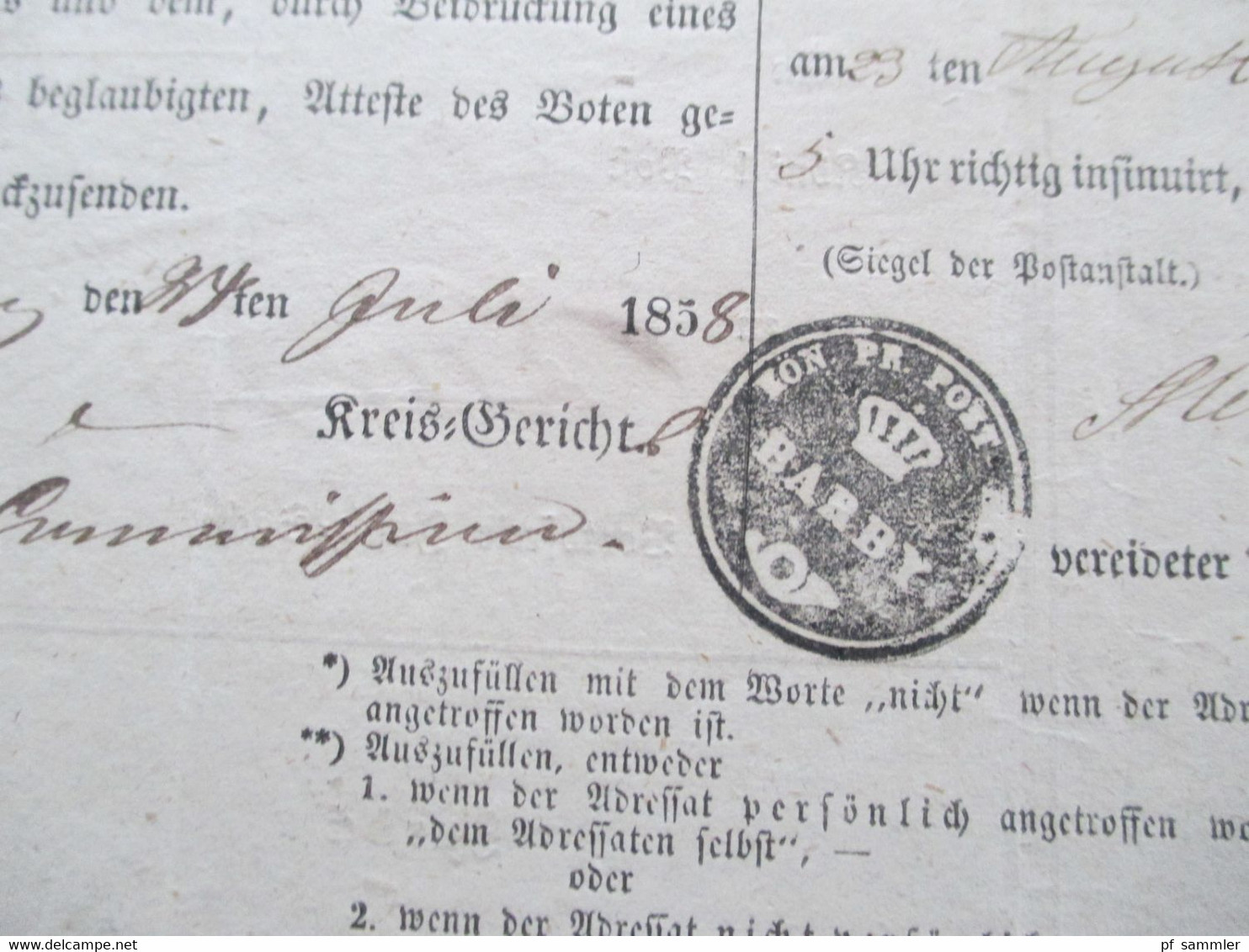 Altdeutschland Sachsen 23.8.1858 Beleg / Post Insinuations Document Portofreie Justizsache Stp. K. Pr. Post Exped. Barby - Sachsen