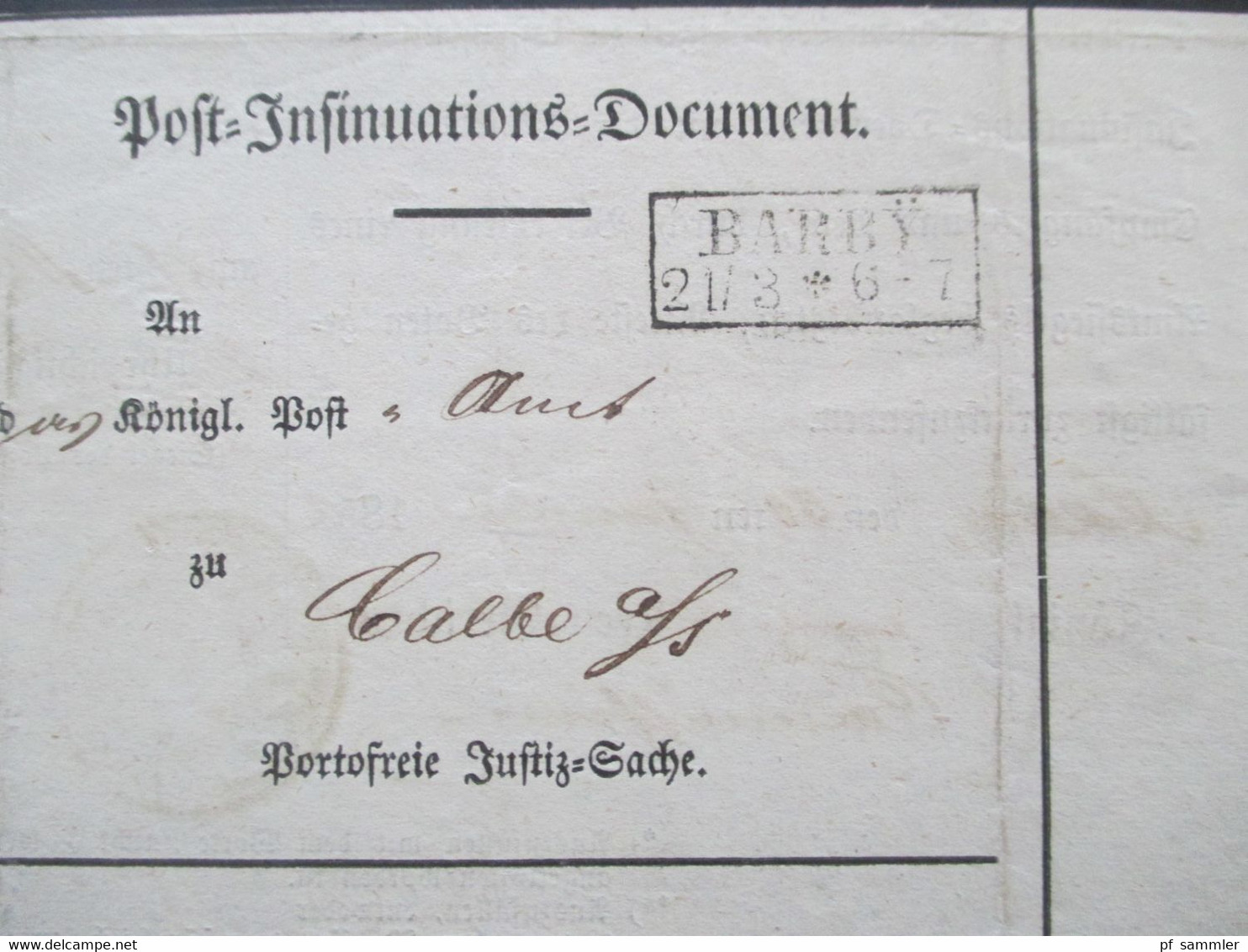 Altdeutschland Sachsen 21.3.1857 Beleg / Post Insinuations Document Portofreie Justizsache Stp. K. Pr. Post Exped. Barby - Saxony