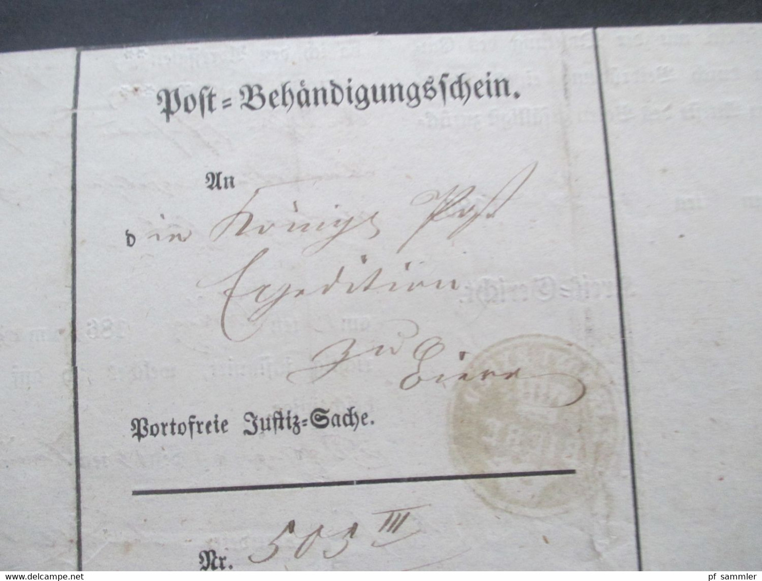 Altdeutschland Sachsen 13.3.1863 Beleg / Post Behändigungsschein Portofreie Justizsache Stp. K. Pr. Post Exped. Biere - Saxony