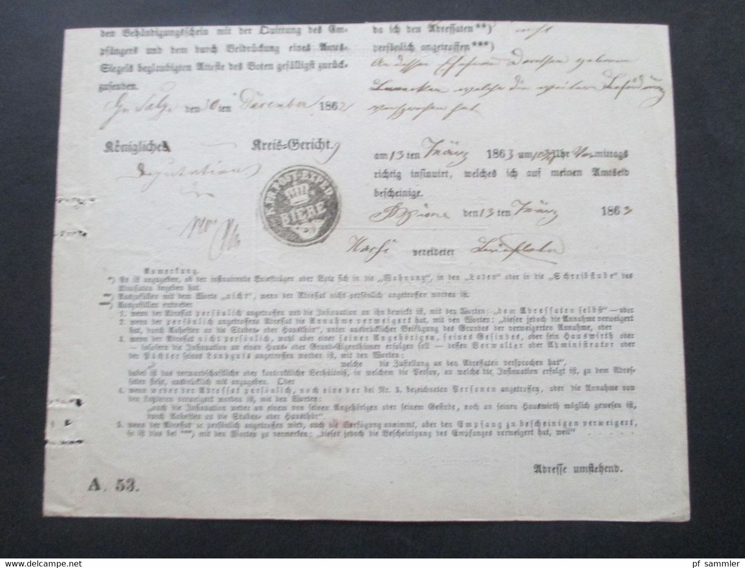 Altdeutschland Sachsen 13.3.1863 Beleg / Post Behändigungsschein Portofreie Justizsache Stp. K. Pr. Post Exped. Biere - Saxony