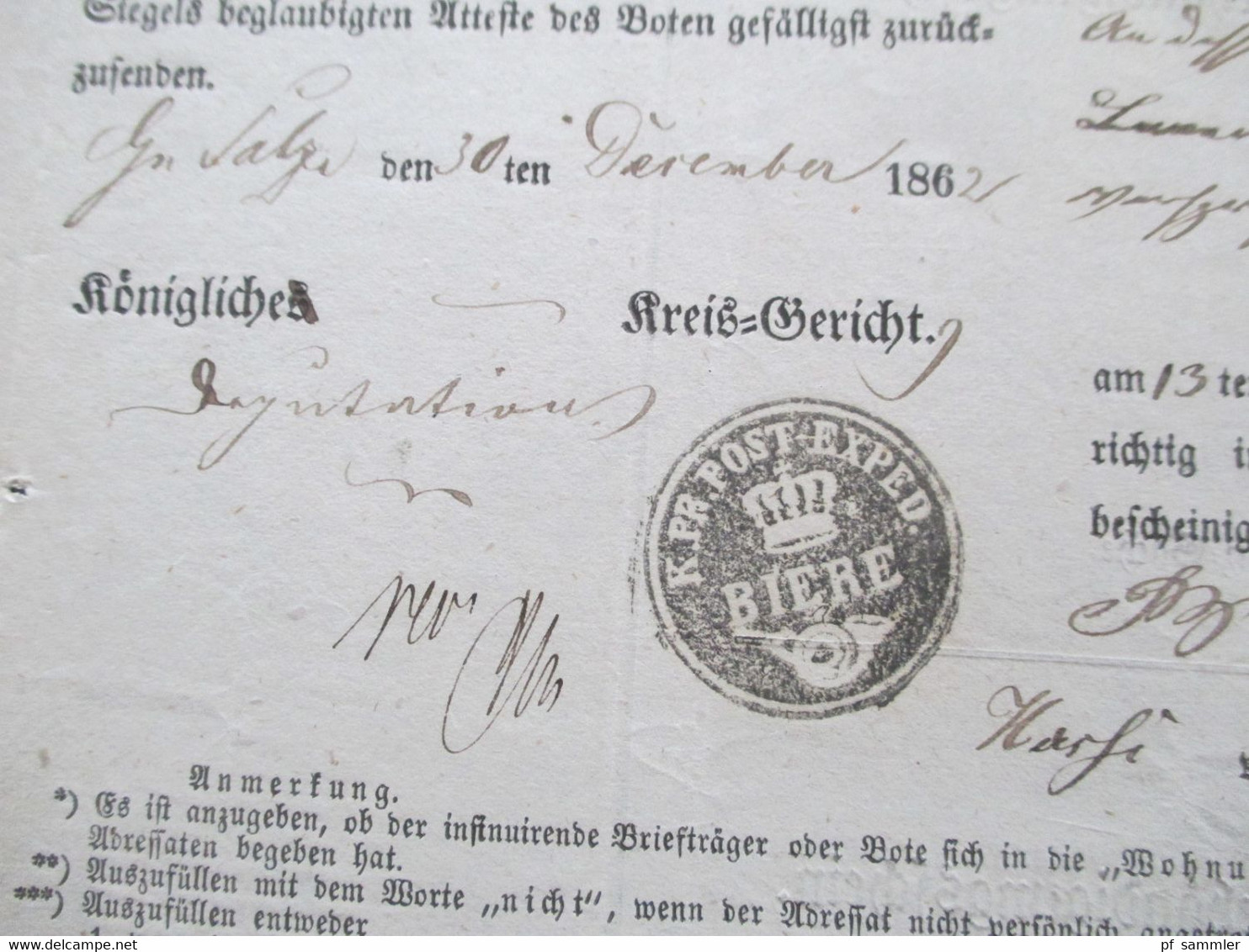 Altdeutschland Sachsen 13.3.1863 Beleg / Post Behändigungsschein Portofreie Justizsache Stp. K. Pr. Post Exped. Biere - Saxony