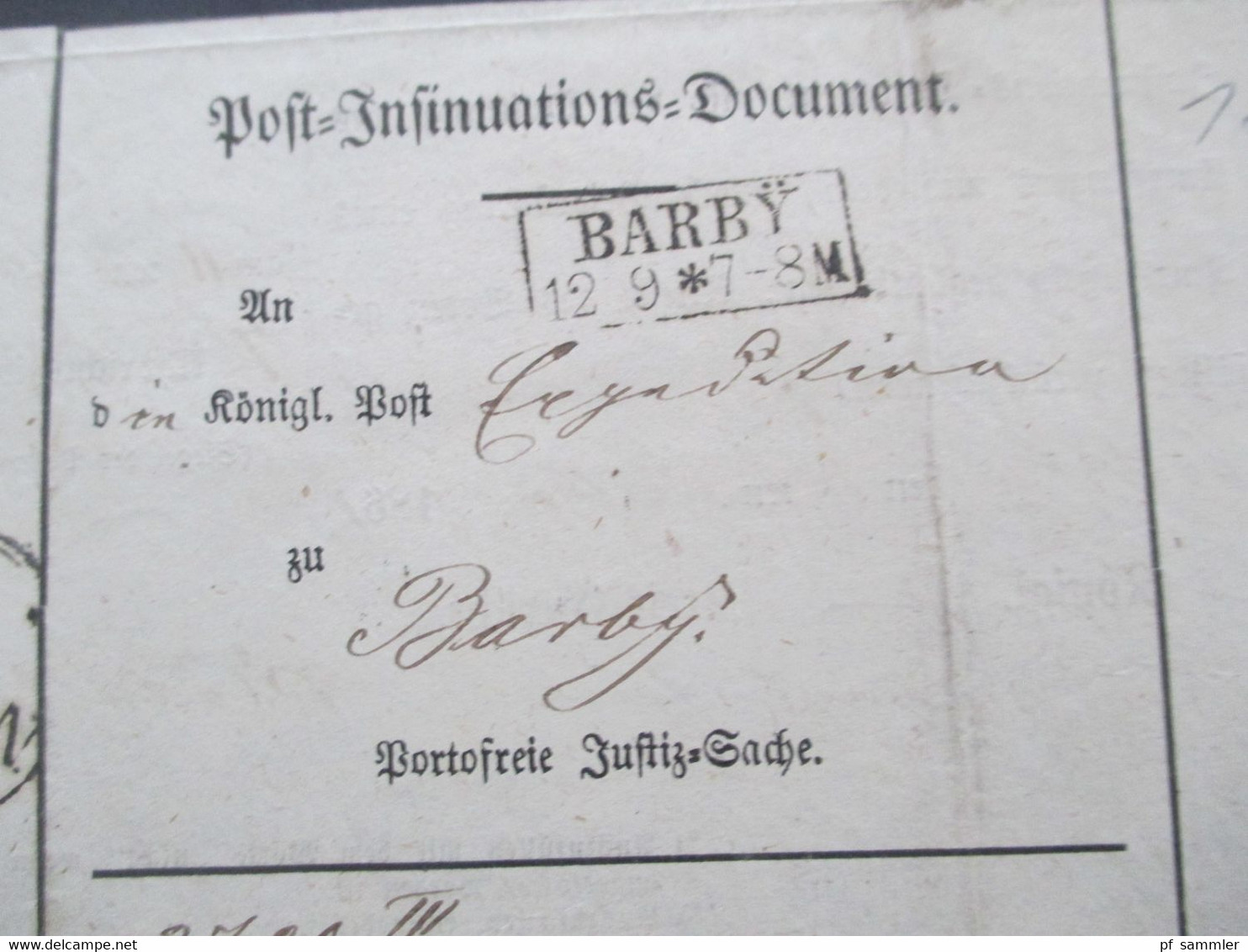 Altdeutschland Sachsen 12.9.1861 Beleg / Post Insinuations Document Portofreie Justizsache Stp. K. Pr. Post Exped. Barby - Saxony