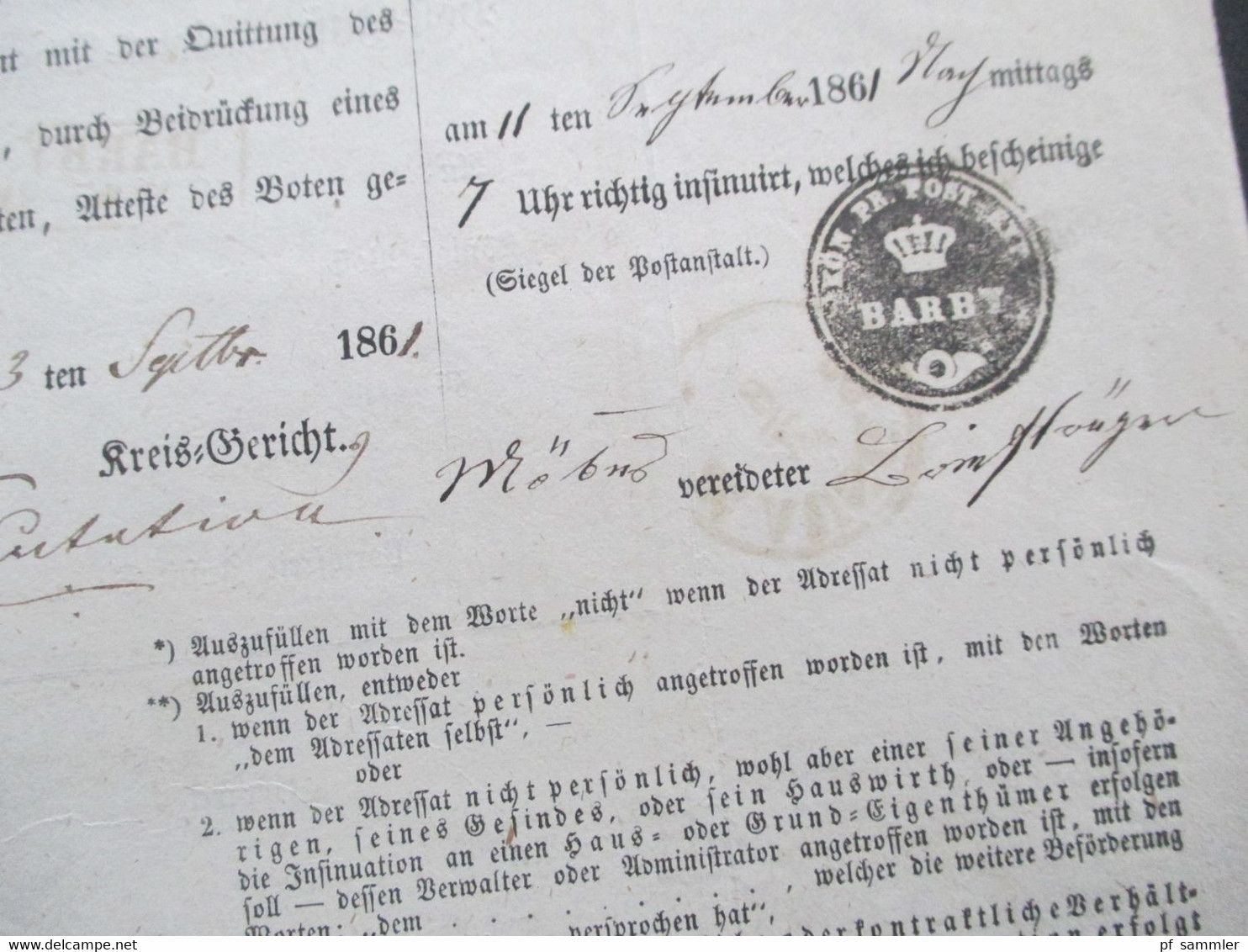 Altdeutschland Sachsen 12.9.1861 Beleg / Post Insinuations Document Portofreie Justizsache Stp. K. Pr. Post Exped. Barby - Sachsen