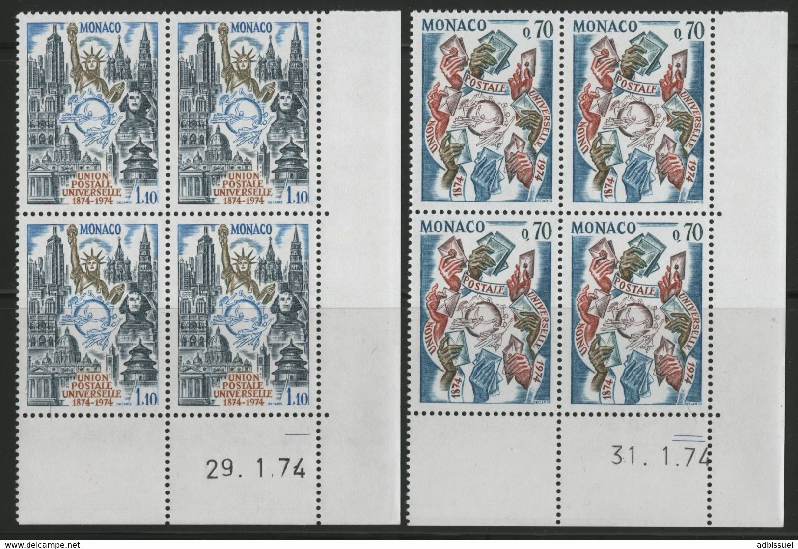 MONACO N° 954 + 955. 2 Blocs De 4 Neufs ** (MNH) Coins Datés Du 29/1/74 Et Du 31/1/74. "U.P.U." TB/VG - Unused Stamps