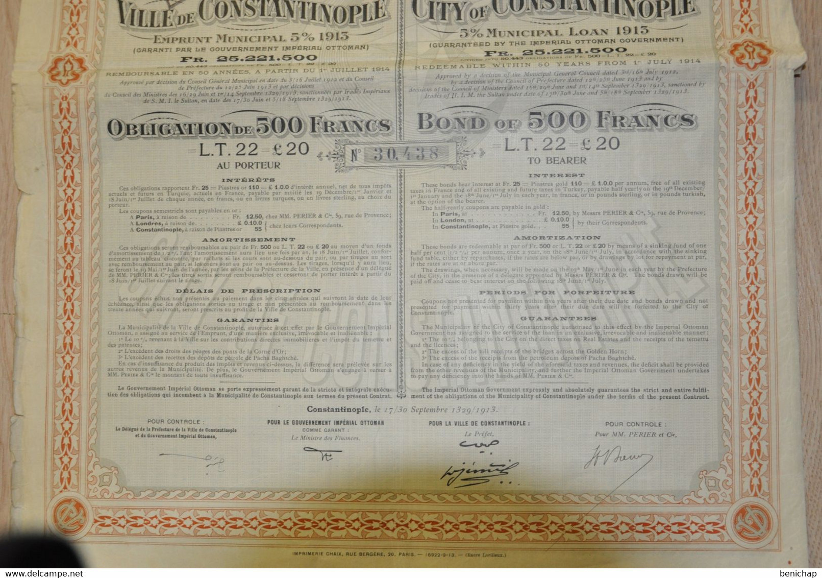 Ville De Constantinople - Emprunt Municipal 5% 1913 - Obligation De 500F. - Bank & Insurance