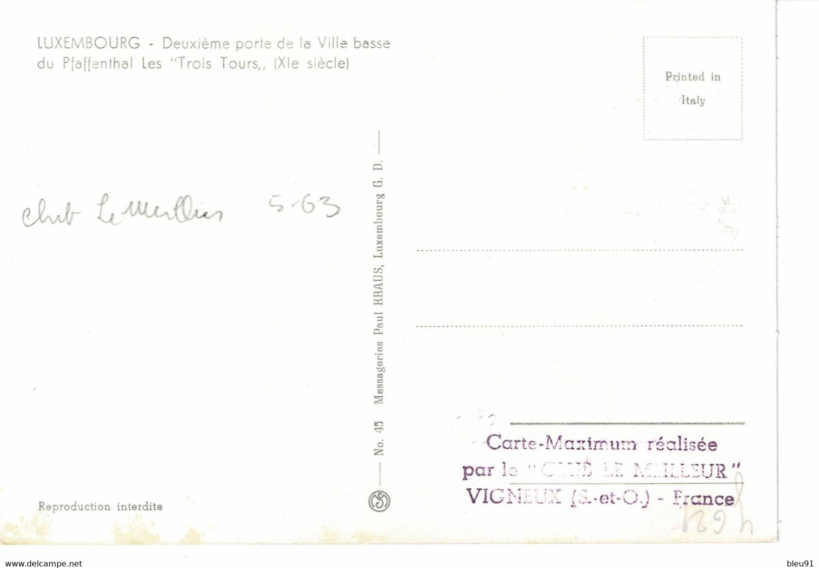 CARTE MAXIMUM  LUXEMBOURG LES 3 TOURS 1963 - Maximum Cards