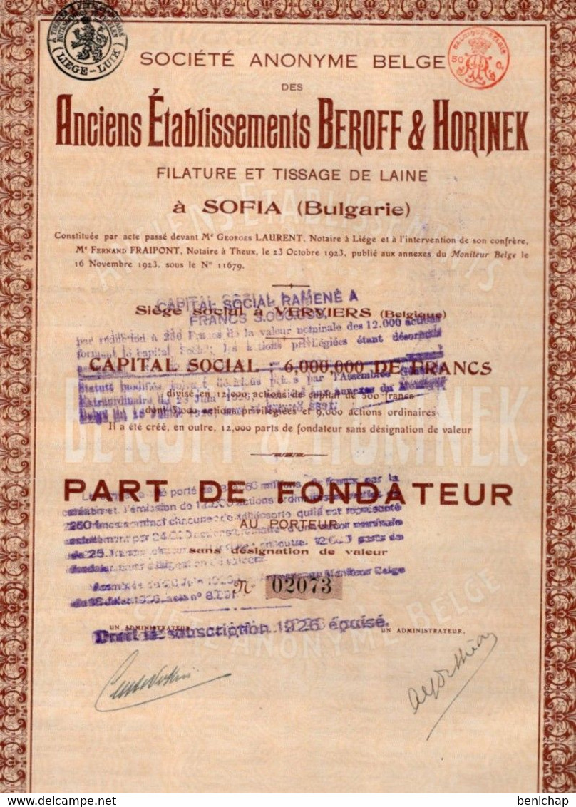 Part De Fondateur Au Porteur - S.A. Belge Des Etablissements Berroff & Horinex - Filature Et Tissage De Laine - Sofia. - Tessili