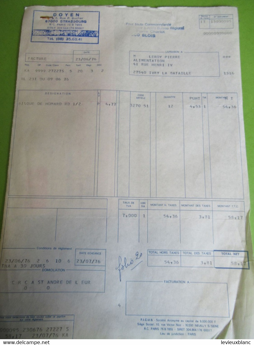 Bisque De Homard / Facture+ Lettre De Change/DOYEN /STRASBOURG/Leroy/Ivry/Eure/1977  FACT410 - Food