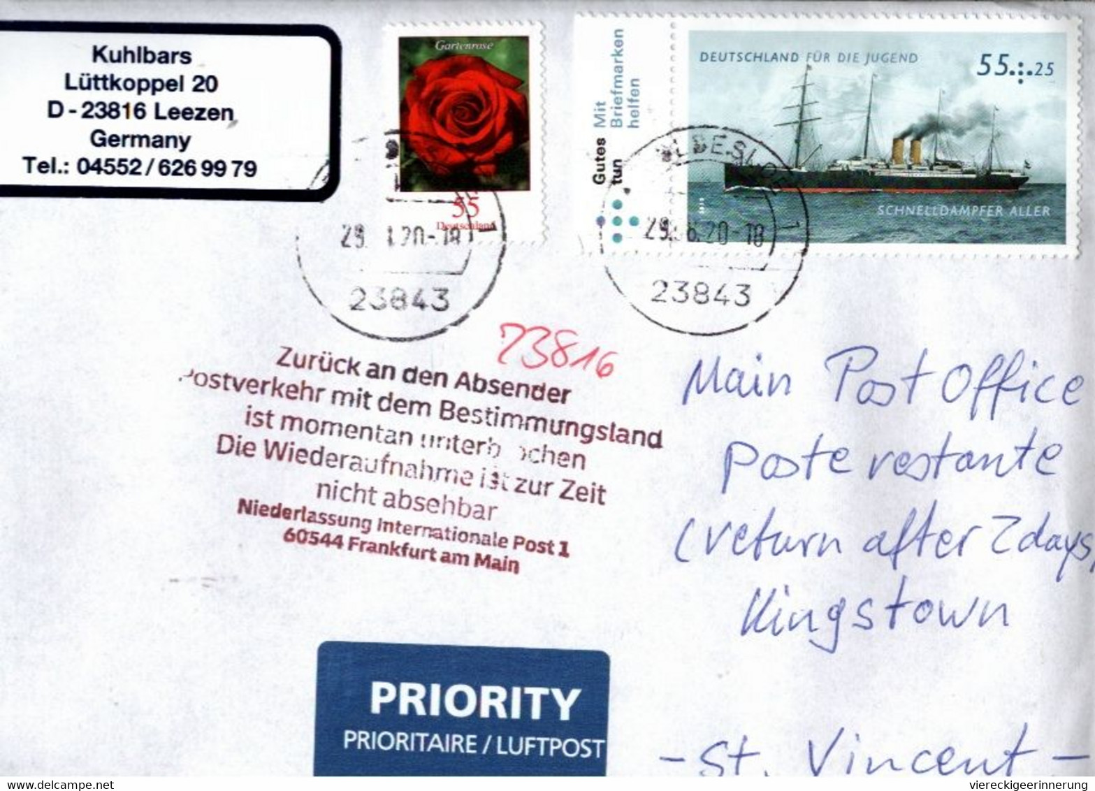 ! 29.8.2020 Cover Interruption Of Postal Service From Germany To St. Vincent, Covid19, Corona - St.Vincent (1979-...)