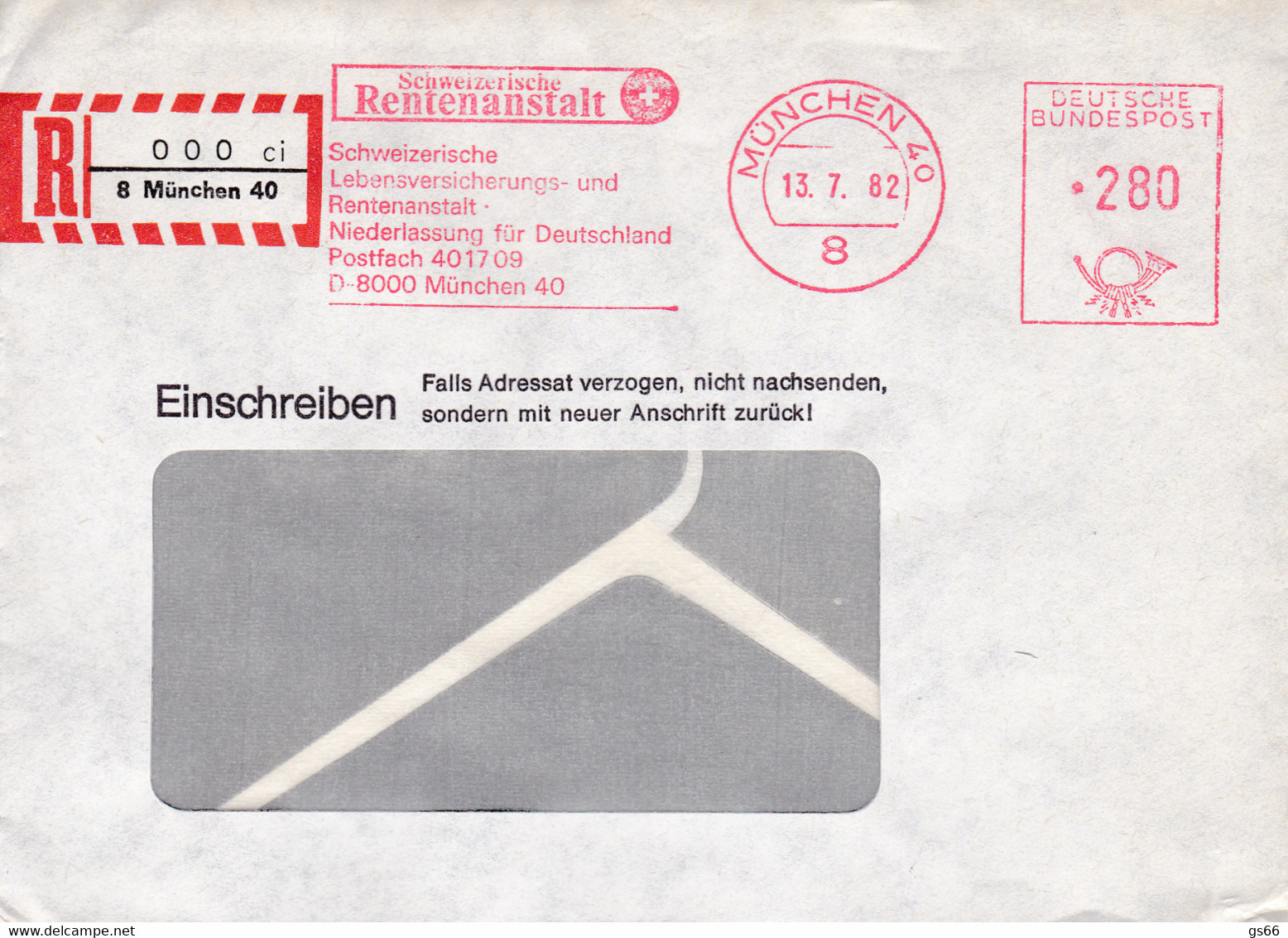 Eingedruckter R-Zettel,. 8 München 40, Nr. 000 Ub "ci", Schweizerische Rentenanstalt - R- & V- Labels