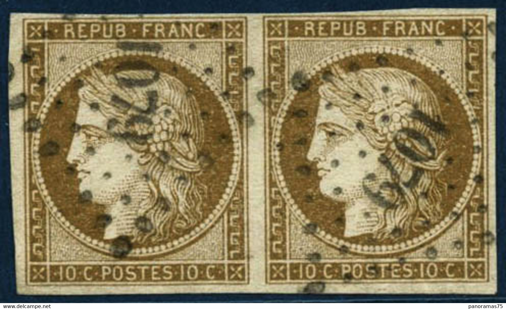 Oblit. N°1 10c Bistre, Paire Obl  PC 1079, Signé Calves - TB - 1849-1850 Ceres