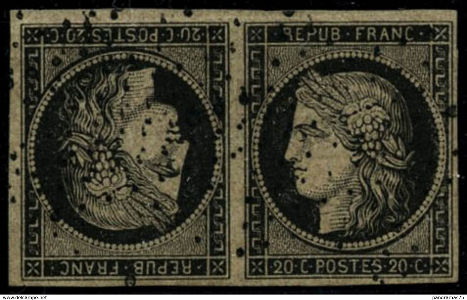 Oblit. N°3d 20c Noir S/jaune, Paire Tête-bèche Obl étoile, RARE - TB - 1849-1850 Ceres