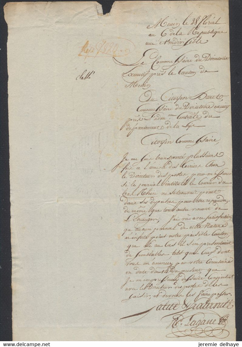 Précurseur - LAC Datée De Menin (28 Floréal An 6) + Obl Linéaire 91 / MENIN Et Port 4 Sous > Bruges - 1794-1814 (Periodo Frances)