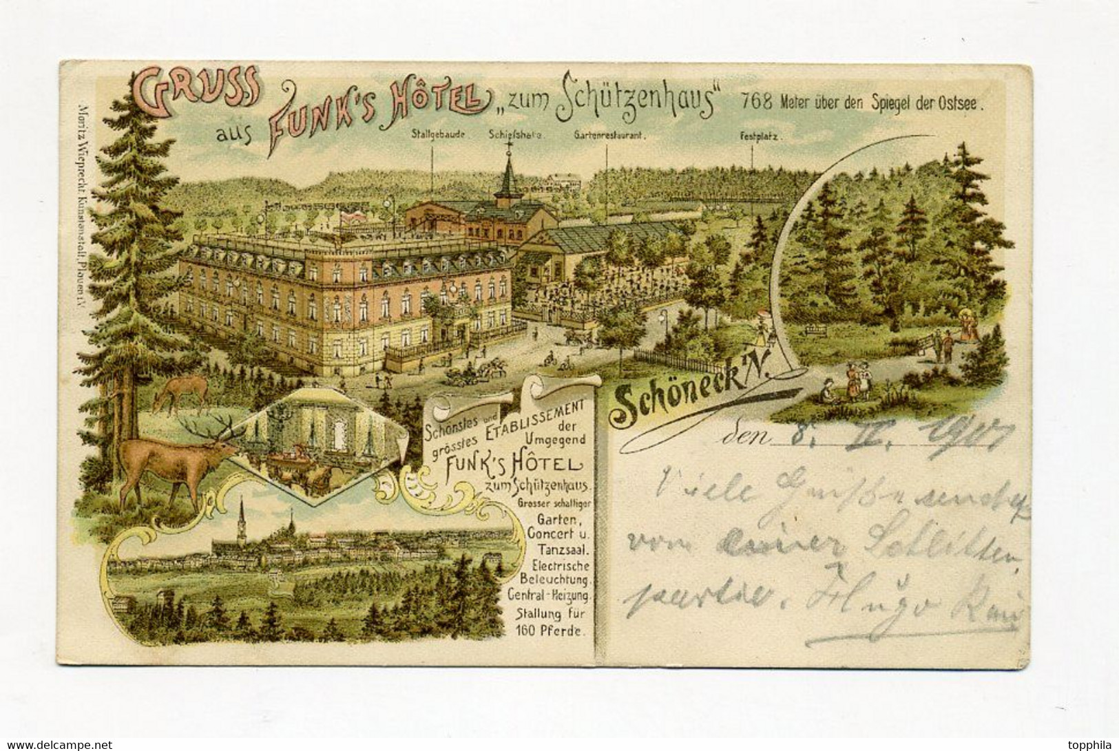 1901 Sachsen / Vogtland Farblitho Schöneck Gruss Aus Funks Hotel Zum Schützenhaus Gelaufen - Vogtland