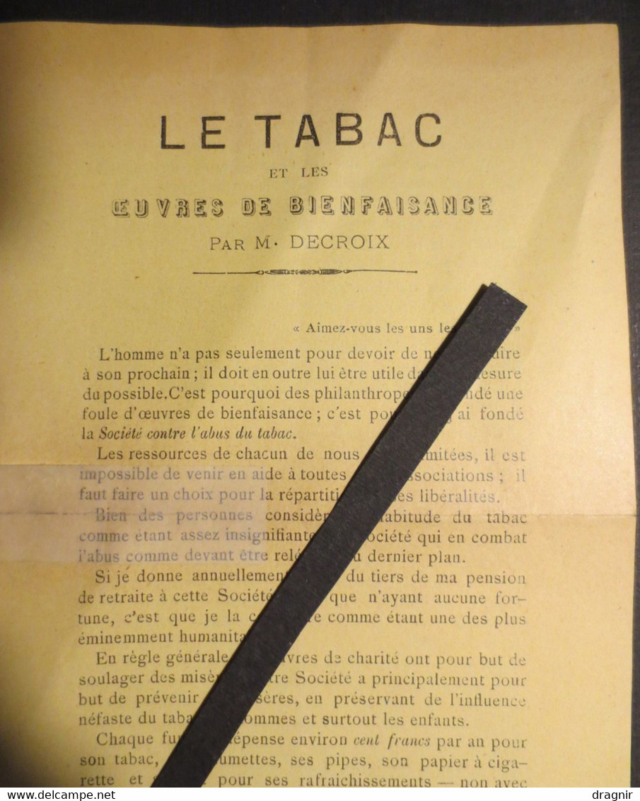 Le Tabac - Société Contre L'Abus Du Tabac -  Imprimés  Par M. Decroix - 1880 - RARE - - Documents