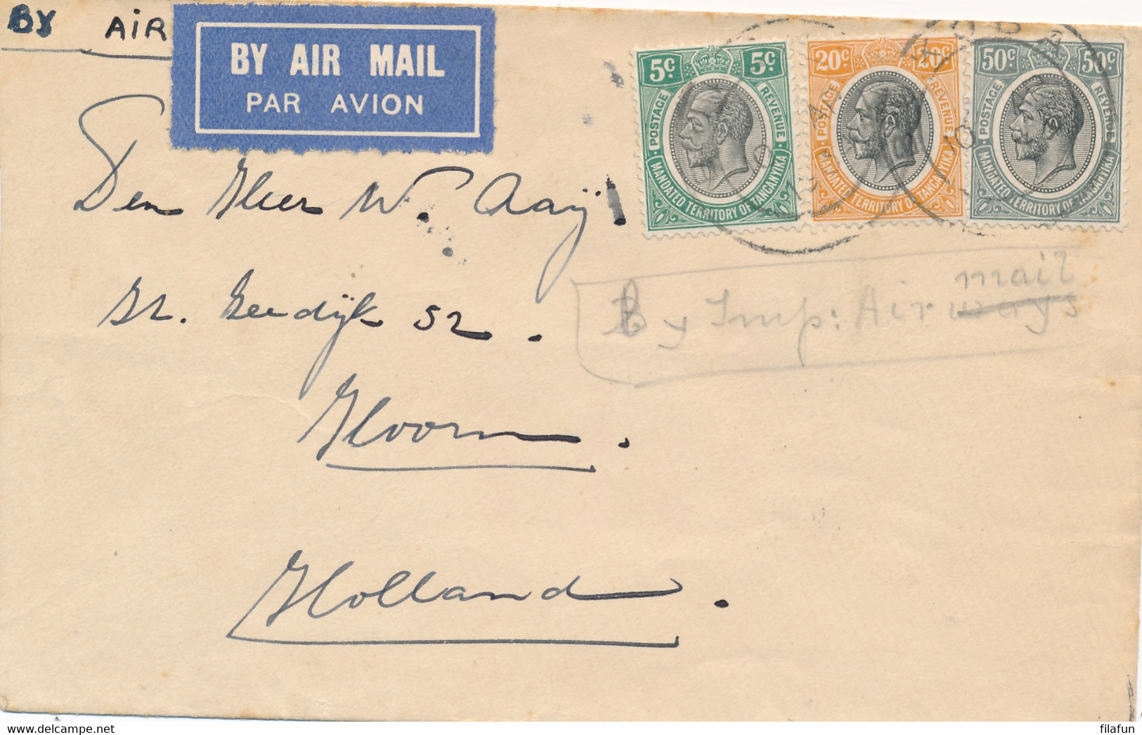 Tanganyika - 1934 - 75c Tricolore Franking On Airmail Cover From Bukoba Via Kampala To Hoorn / Nederland - Kenya, Uganda & Tanganyika