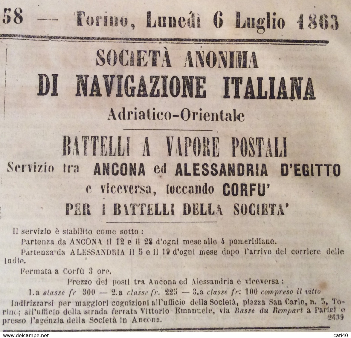 SOC.AN.-NAVIGAZIONE ITALIANA : VAPORI POSTALI  ANCONA- ALESSANDRIA-CORFU' ORARI PARTENZE E PREZZI Su Giornale Del 1863 - Publicidad