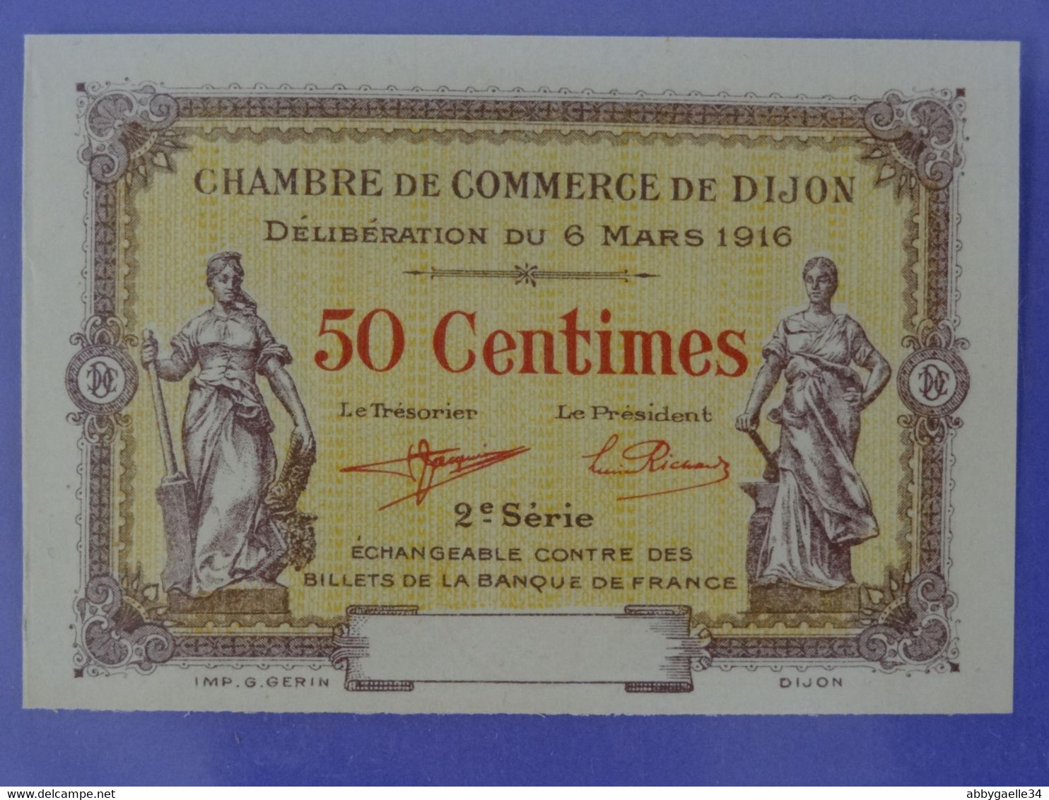 Billet NEUF De 50 Centimes 2ème Série (2) Chambre De Commerce De DIJON (Côte D'Or) Imprimeur Gérin à Dijon - Chambre De Commerce