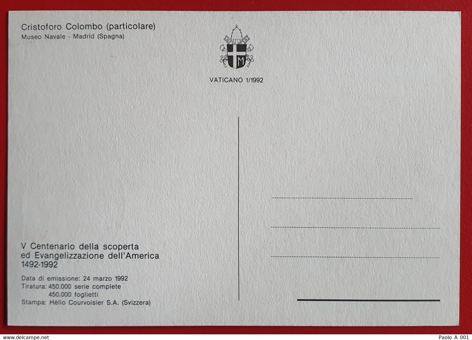 VATICANO VATIKAN VATICAN CRISTOFERO COLUMBUS AMERICA 1992 MUSEO NAVALE MADRID MAXIMUM-CARD - Brieven En Documenten
