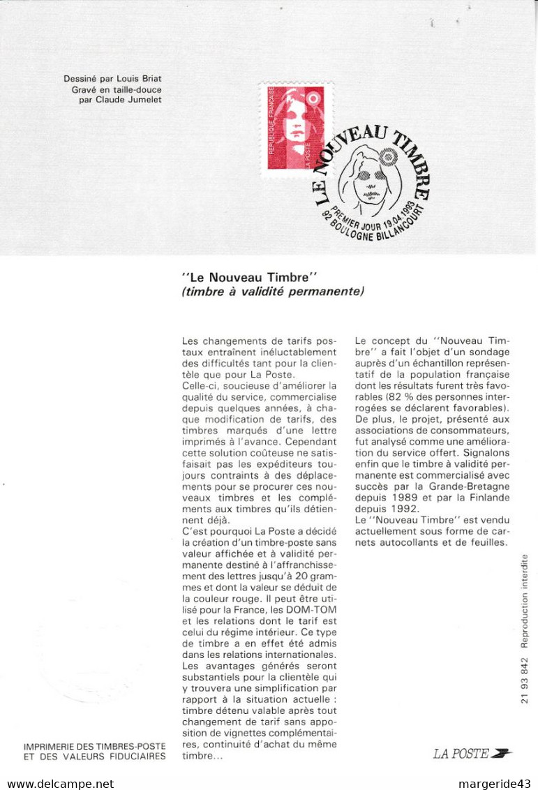 DOCUMENT FDC 1993 MARIANNE DE BRIAT - Documents Of Postal Services