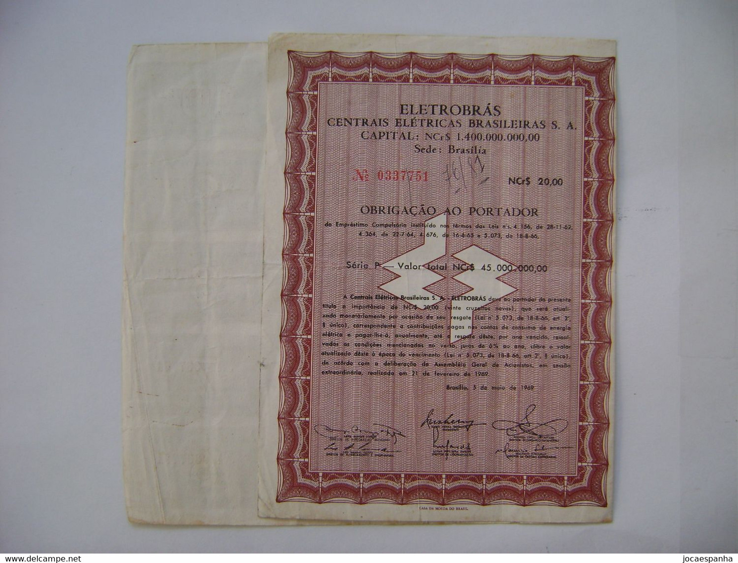 BRAZIL / BRASIL - APOLICE "ELETROBRAS" VALUE NCr $20,00 FROM 1969 WITH 15 COUPONS IN THE STATE - Electricité & Gaz