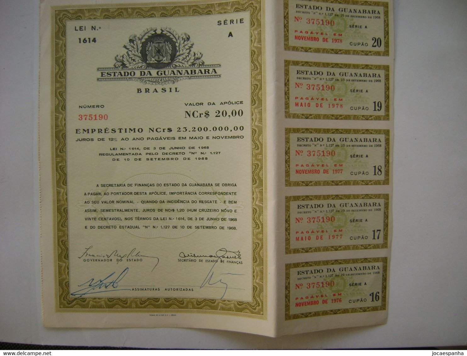 BRAZIL / BRASIL - APOLICE "ESTADO DA GUANABARA" VALUE NCr $20,00 FROM 1968 WITH 06 COUPONS IN THE STATE - Electricidad & Gas