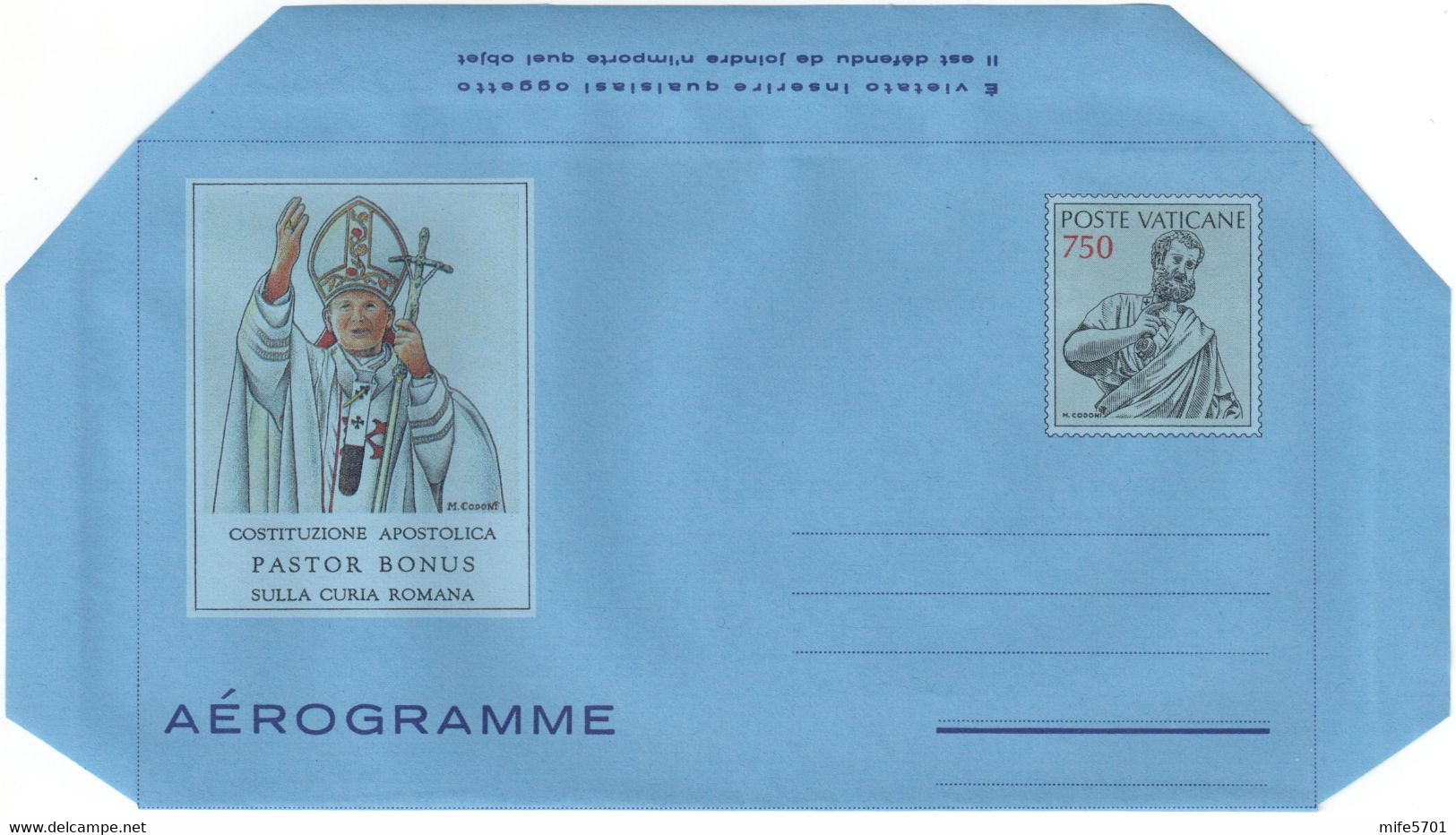 VATICANO - INTERO POSTALE / AEROGRAMMA TIPO PASTOR BONUS L. 750 - 1988 - FILAGRANO "A26" - NUOVO ** - Postal Stationeries