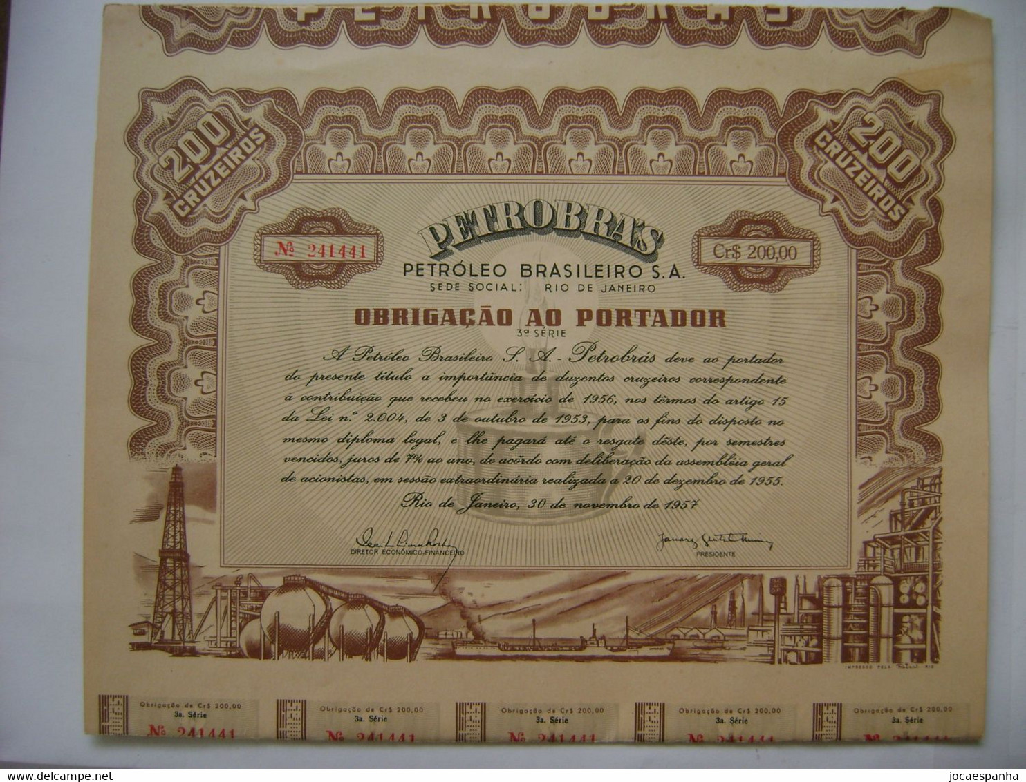 BRAZIL / BRASIL - APOLICE "OBRIGAÇOES DA PETROBRAS" VALUE Cr$200,00 FROM 1957 WITH 45 COUPONS IN THE STATE - Aardolie