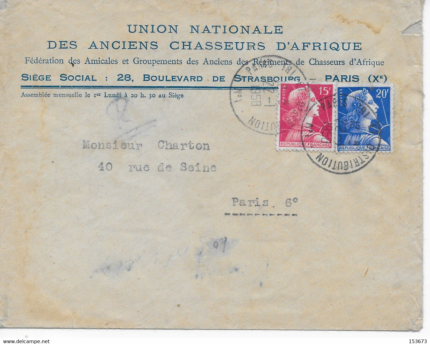 Lettre En Tête "Union Nationale Anciens Chasseurs D'Afrique" 1958 Avec 2 Mariannes Muller 15 Et 20 Frs - Dokumente