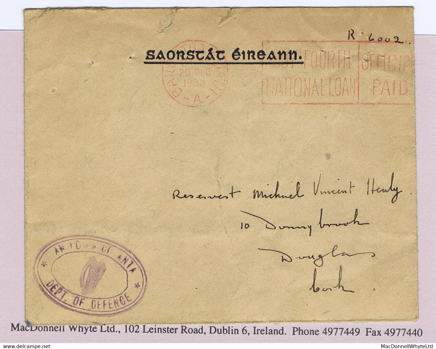 Ireland Military Official 1933 DEPT OF DEFENCE Printed Envelope To Army Reservist In Douglas Cork OFFICIAL PAID - Sonstige & Ohne Zuordnung