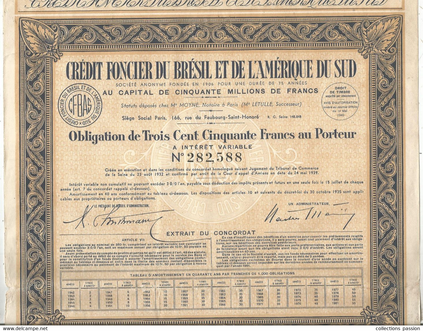 Action :part Préférentielle + Obligation De 350 Frs, Crédit Foncier Du Brésil ..1939, LOT DE 2 TITRES,  Frais Fr 2.75 € - Andere & Zonder Classificatie