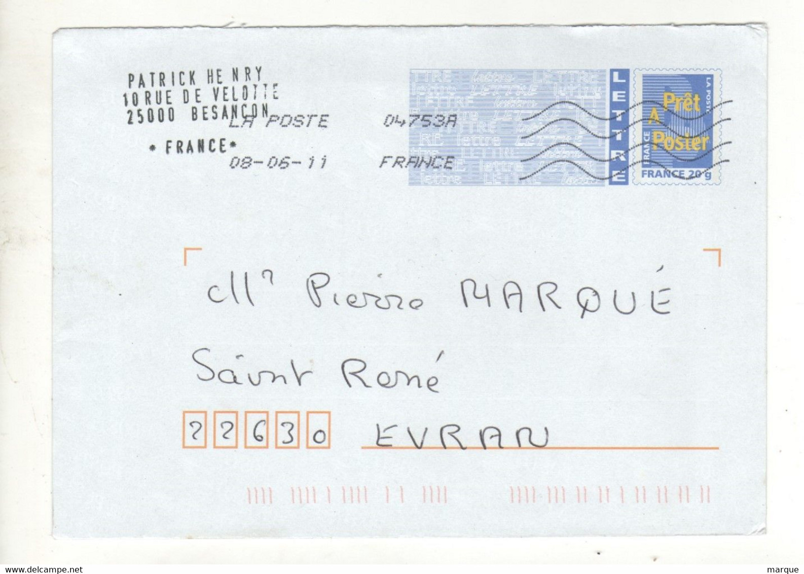 Enveloppe Prêt à Poster FRANCE 20g Oblitération LA POSTE 04753A 08/06/2011 - Prêts-à-poster:Overprinting/Blue Logo