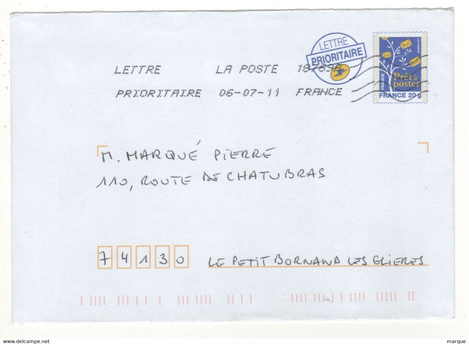 Enveloppe Prêt à Poster FRANCE 20g Oblitération LA POSTE 18769A 06/07/2011 - Prêts-à-poster:Overprinting/Blue Logo