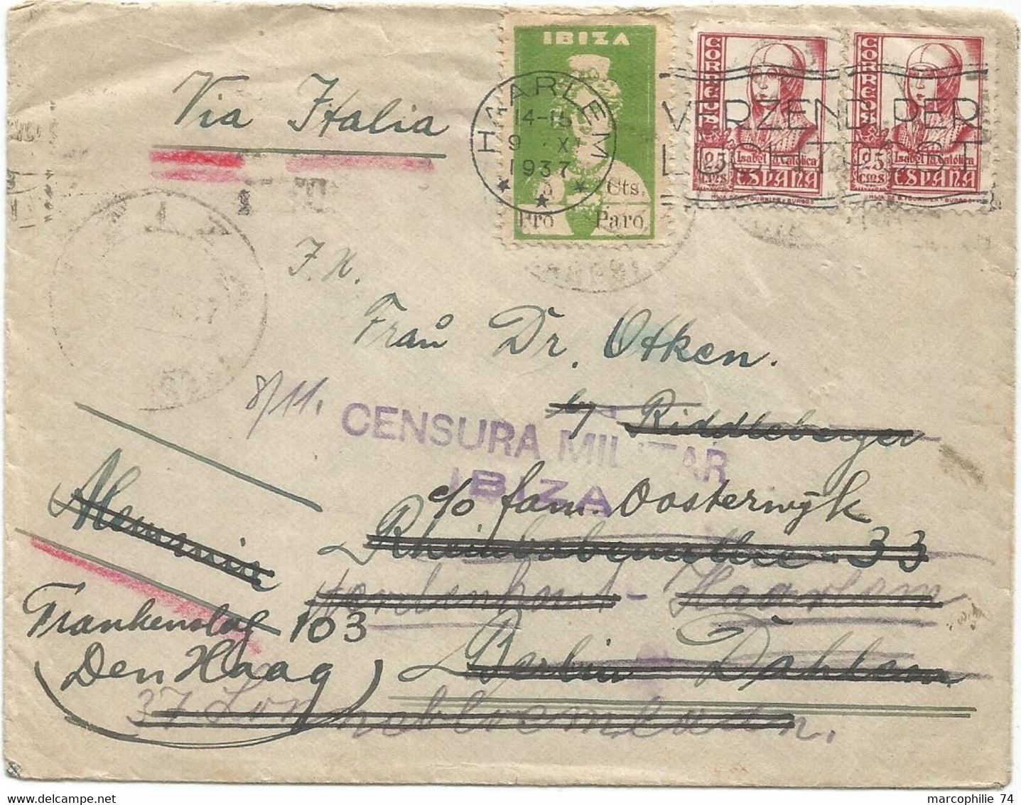 ESPANA 25CX2 LETTRE COVER IBIZA BALEARES 1917 + VIGNETTE IBIZA + CENSURA TO BERLIN REEXP NEDERLAND - Storia Postale