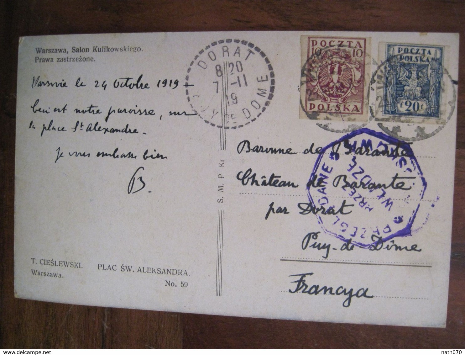 1919 Pologne Polska CPA Ak Adressée à Baronne Warszawa Dorat Poland Cachet Tampon Rare ! - Cartas & Documentos