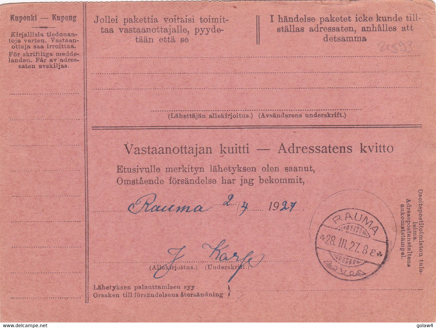 21593# FINLANDE POSTIENNAKKO OSOITEKORTTI PORI 1927 Pour RAUMA POSTFÖRSKOTTSADRESSKORT - Parcel Post