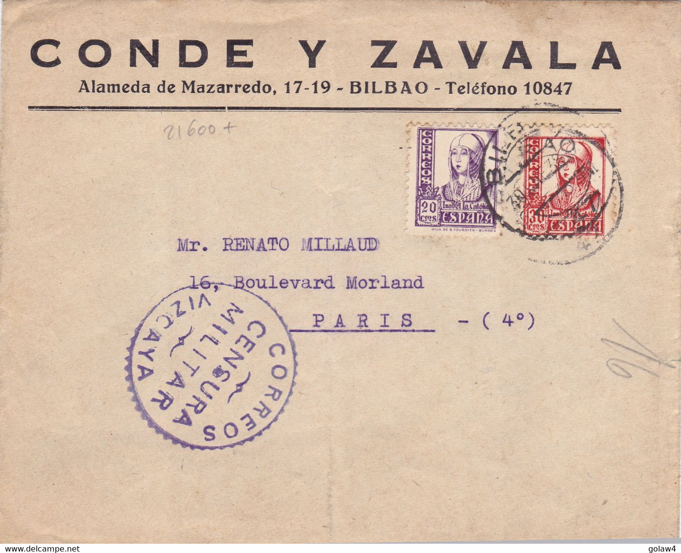 21600# Espagne LETTRE CENSURE CORREOS CENSURA MILITAR VIZCAYA Obl BILBAO 1938 PARIS ESPANA - Nationalists Censor Marks