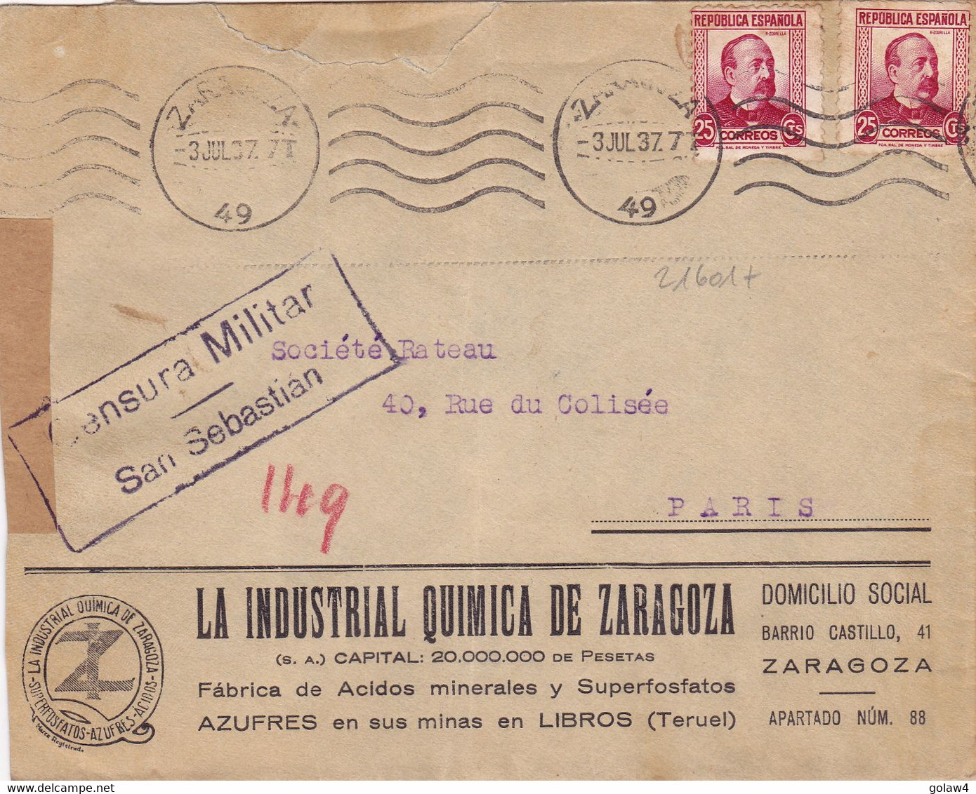 21601# Espagne LETTRE CENSURE CENSURA MILITAR SAN SEBASTIAN ZARAGOZA 1937 ESPANA - Nationalists Censor Marks