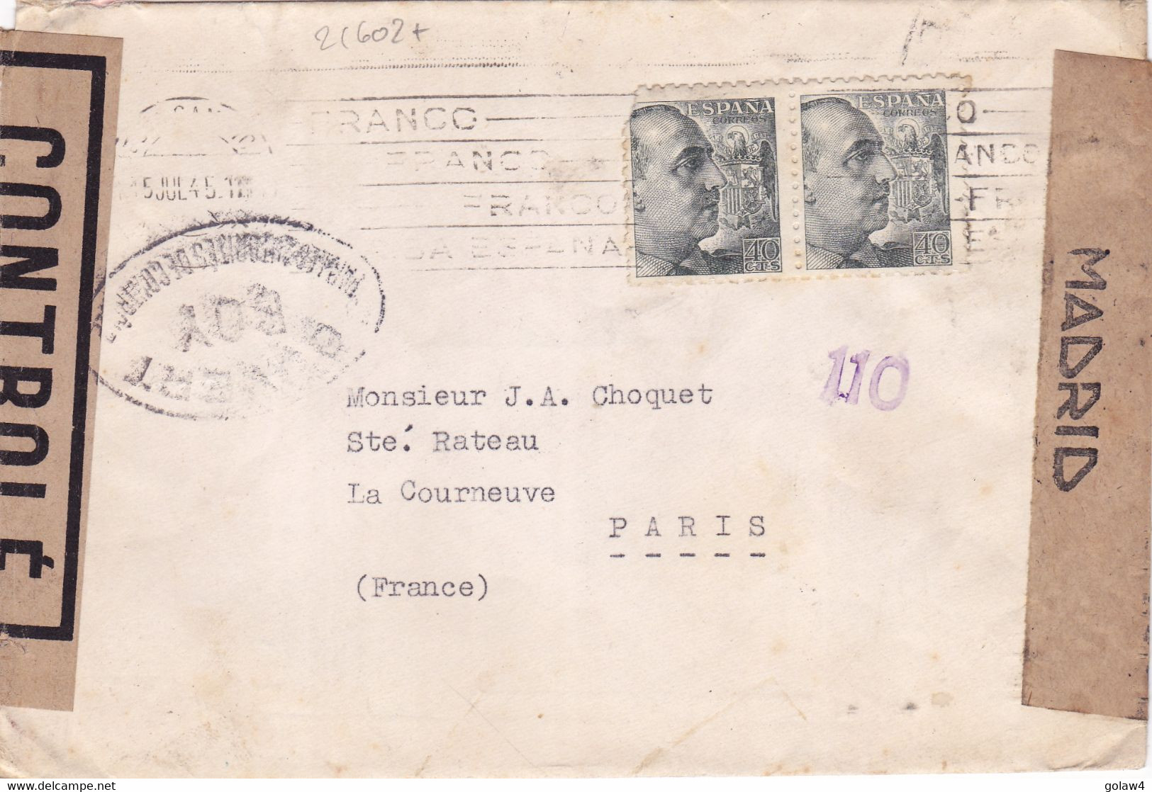 21602# Espagne LETTRE CENSURE FRANCAISE CONTRÔLE BOY CENSURA GUBERNATIVA MADRID 1945 - Marques De Censures Nationalistes