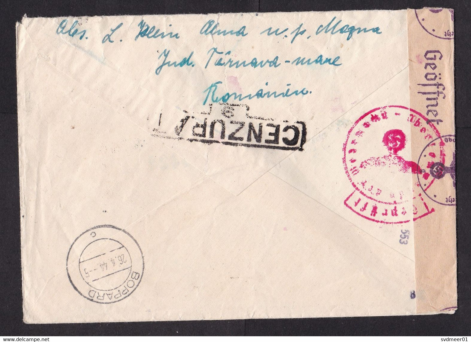 Romania: Cover To Germany, 1944, 2 Stamps, 2x Censored, Chemical Wipe Censor, Label, Rare Cancel, War (minor Damage) - World War 2 Letters