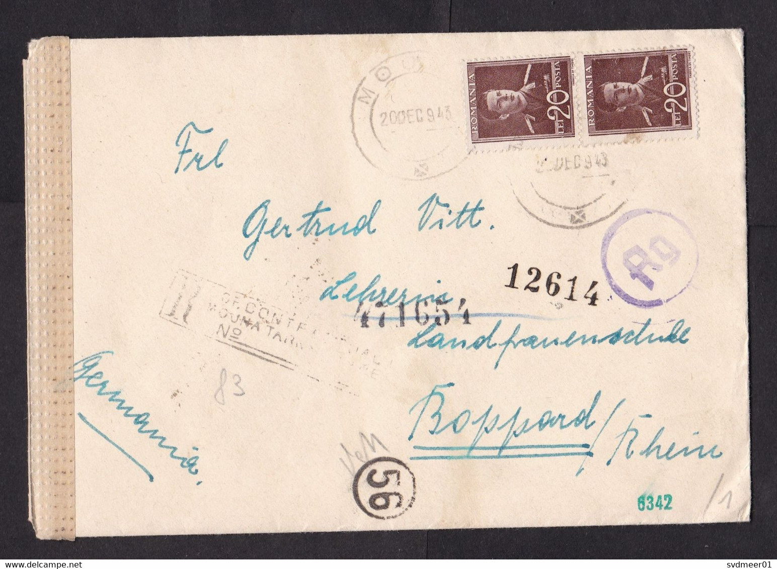 Romania: Cover To Germany, 1943, 2 Stamps, 2x Censored, Chemical Wipe Censor, Label, Rare Cancel, War (minor Damage) - Lettres 2ème Guerre Mondiale