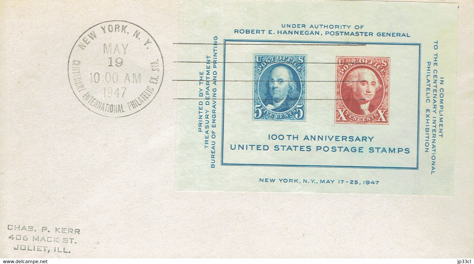 FDC 100th Anniversary US Postage Stamps (New York May 19 1947) - Otros & Sin Clasificación