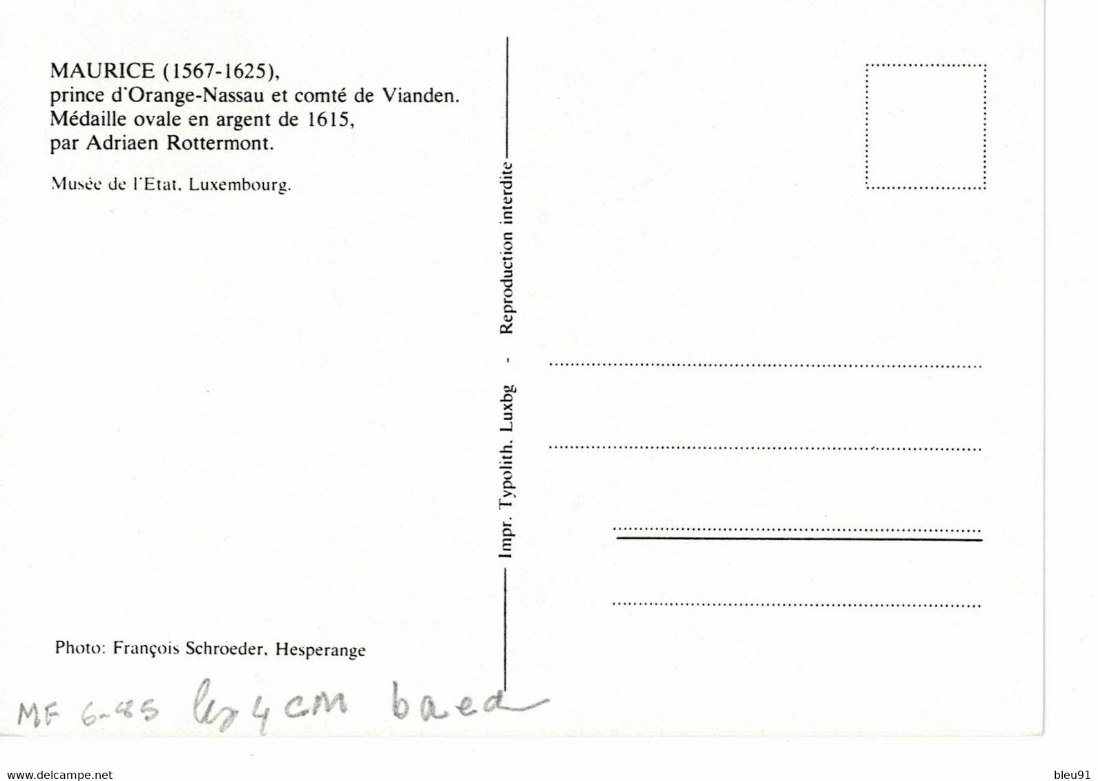 CARTE MAXIMUM  LUXEMBOURG MEDAILLE MAURICE 1985 - Maximum Cards