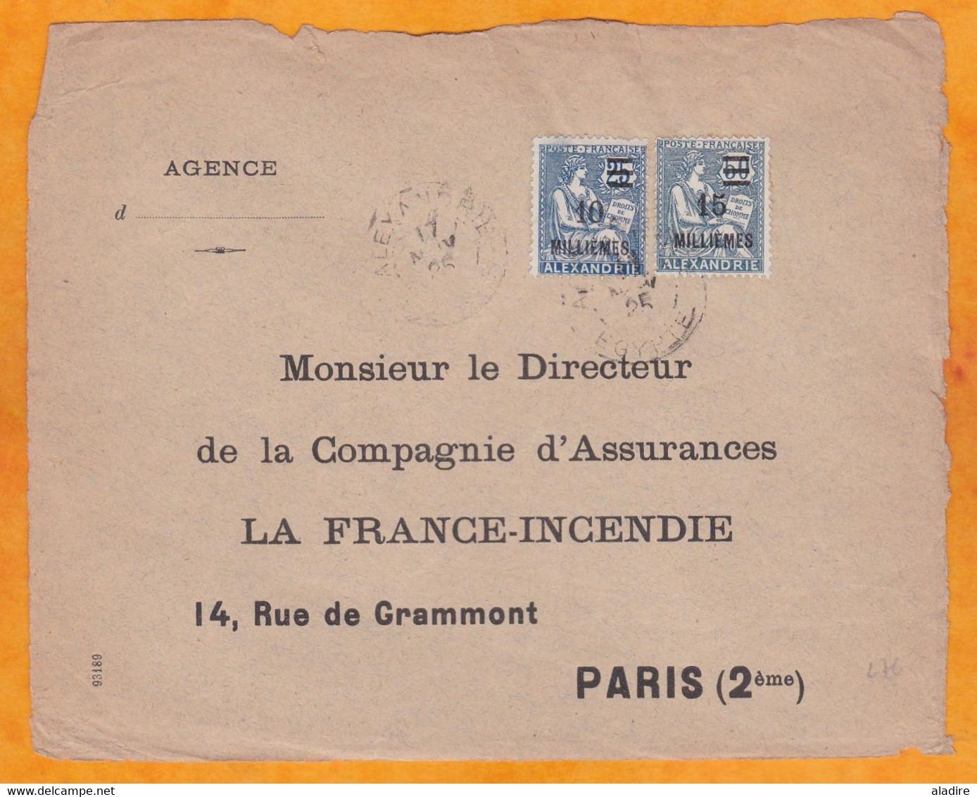 1925 - BFE - 15 Mm Surch 60 & 10 Mm Surch 25 Mouchon Sur Devant D' Enveloppe D' Alexandrie Vers Paris - Storia Postale