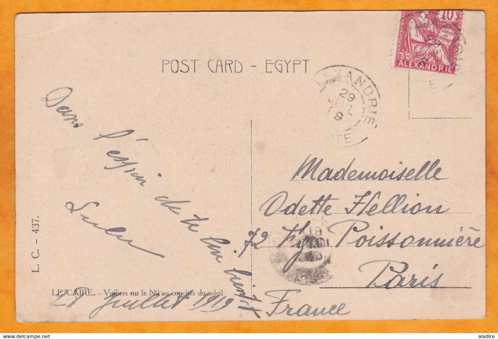 1919 - BFE - 10 C Mouchon Sur CP D' Alexandrie Vers Paris - Cad Arrivée - Felouques Sur Le Nil Au Crépuscule - Storia Postale