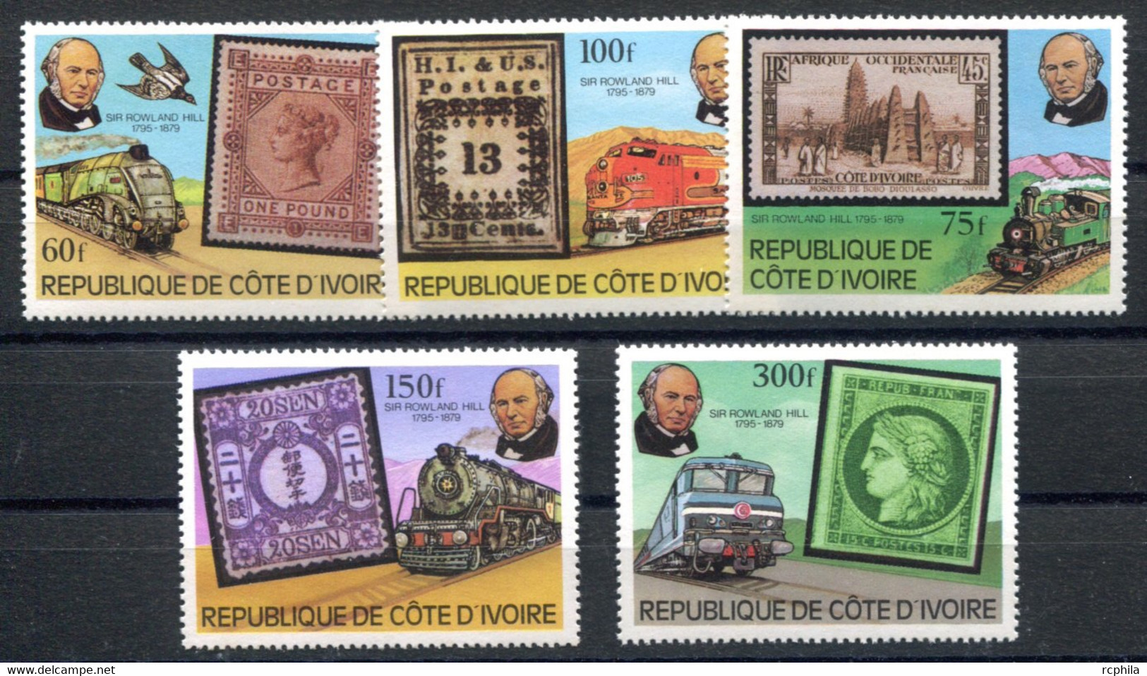 RC 18974 COTE D'IVOIRE COTE 8,50€ N° 504 / 508 SÉRIE ROWLAND HILL TIMBRES SUR TIMBRES LOCOMOTIVES NEUF ** - Ivory Coast (1960-...)