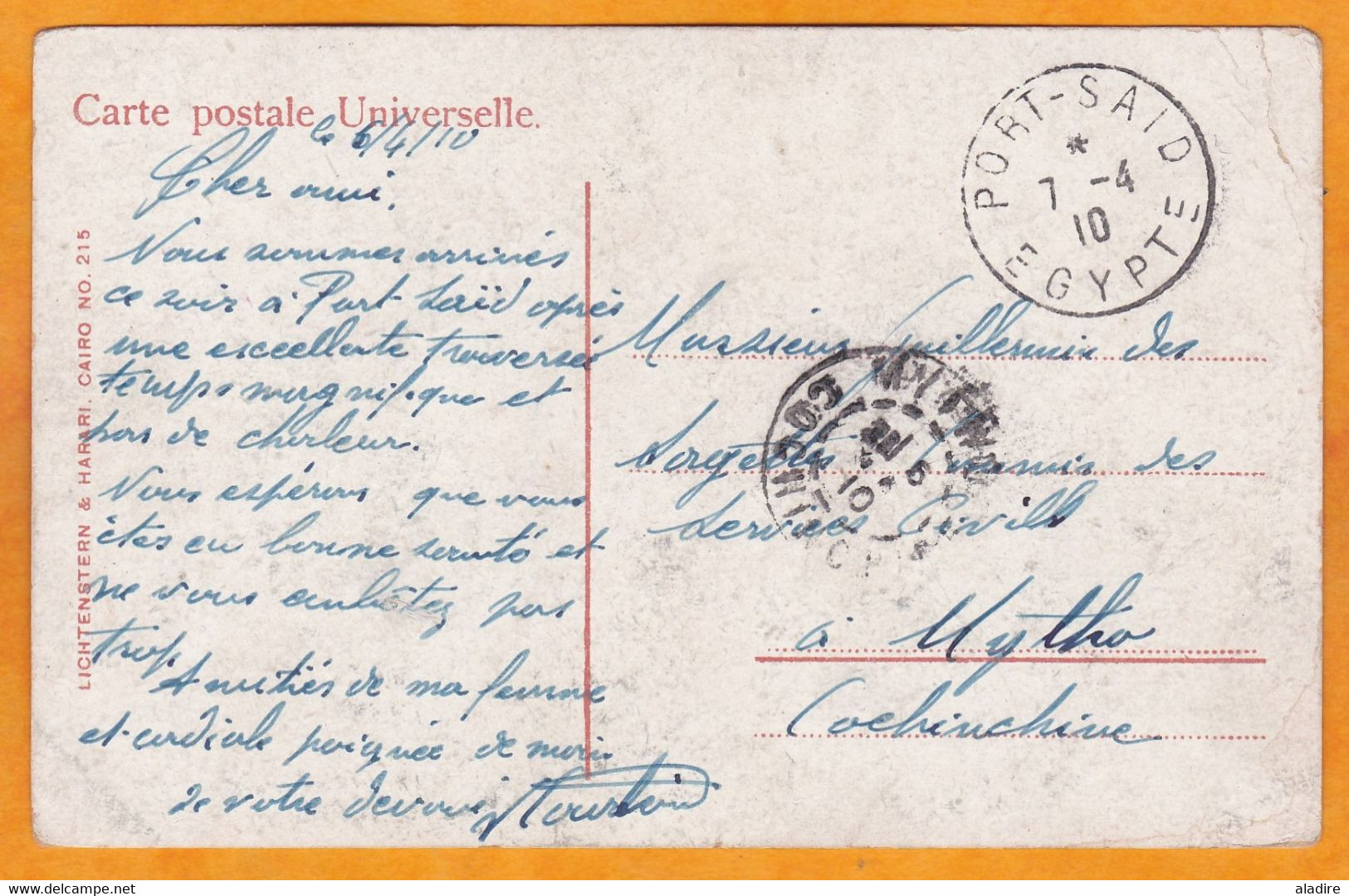 1910 - BFE - 10 C Mouchon Sur Carte Postale De Port Said Vers My Tho, Cochinchine - Cad Arrivée - Cartas & Documentos