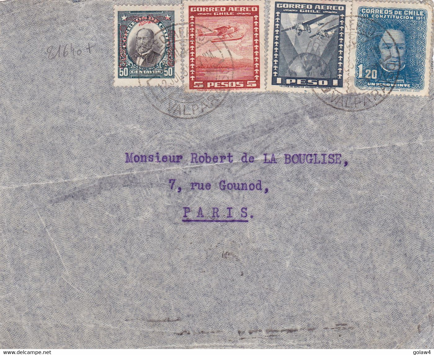 21640# CHILI LETTRE PAR AVION CROIX DU SUD HEBRARD Obl VALPARAISO 12 JUILLET 1935 Pour PARIS - 1927-1959 Covers & Documents