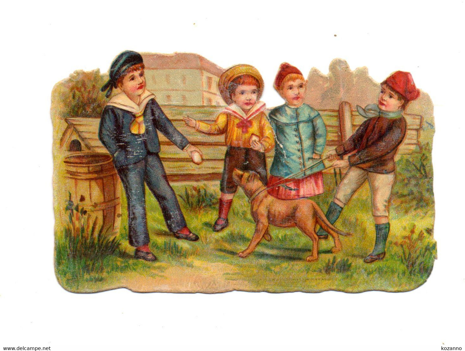 ANCIEN AUTHENTIQUE CHROMO DÉCOUPI - ENFANT JOUANT CHIEN RENCONTRE - 10 X 7 Cm - NEUF - Children