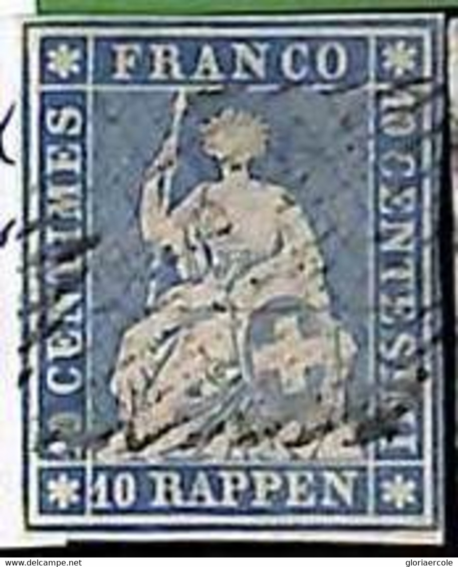 94993bB - SWITZERLAND - STAMP - Zumstein # 23a  Green Thread  / Thin Paper - USED - Usados